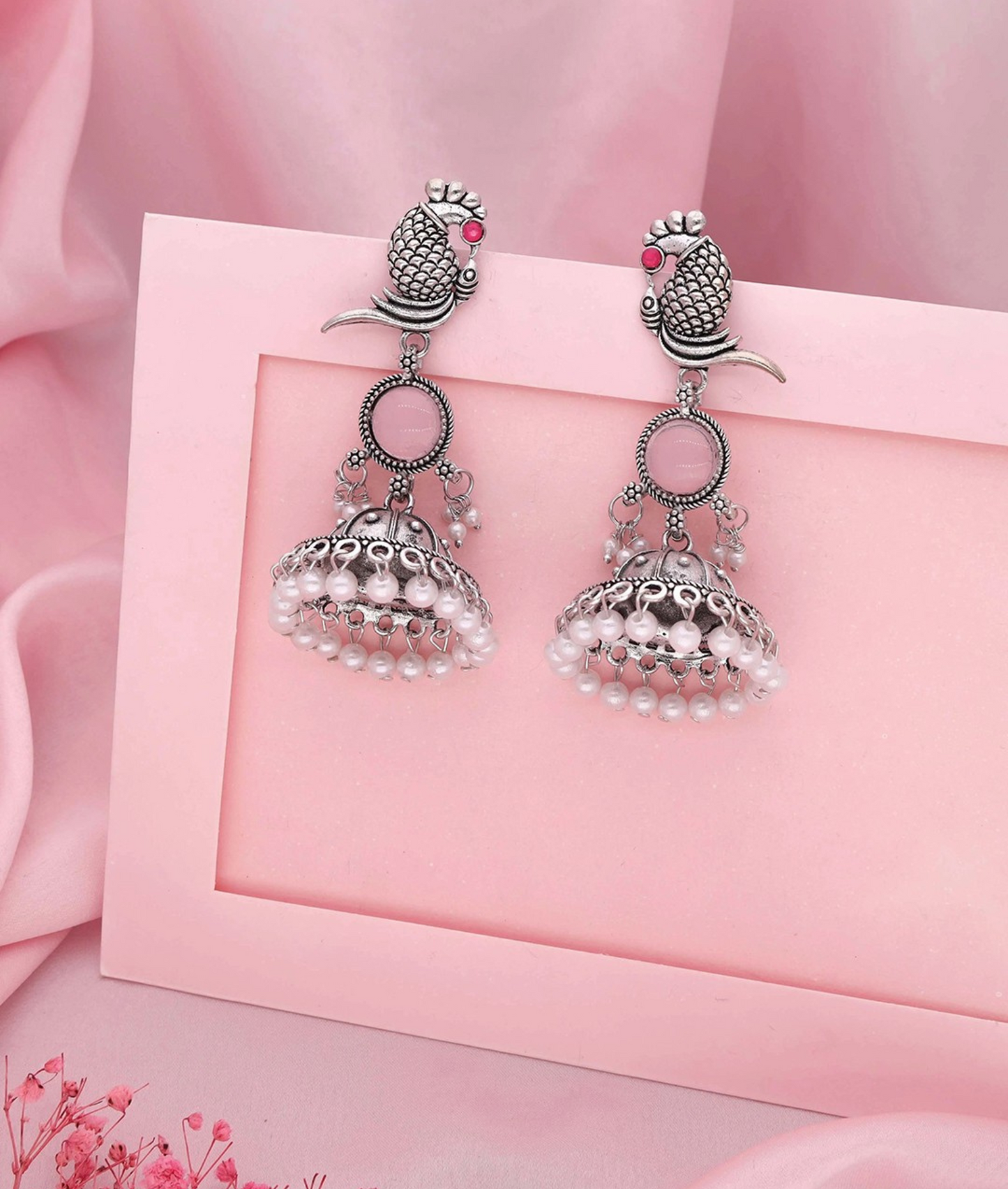 Oxidized Silver Peacock Jhumka Earrings with Pink Stone & Pearl Detailing