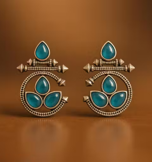 Oxidized Silver Earrings with Blue Stone – Traditional Round Design