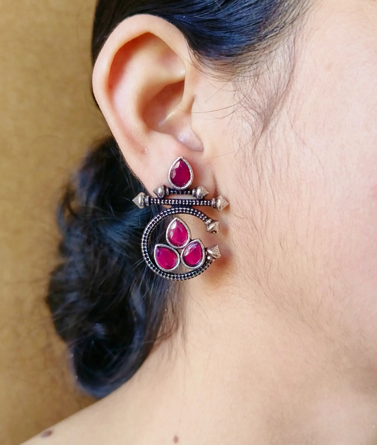 Oxidized Silver Earrings with Pink Stone – Traditional Round Design