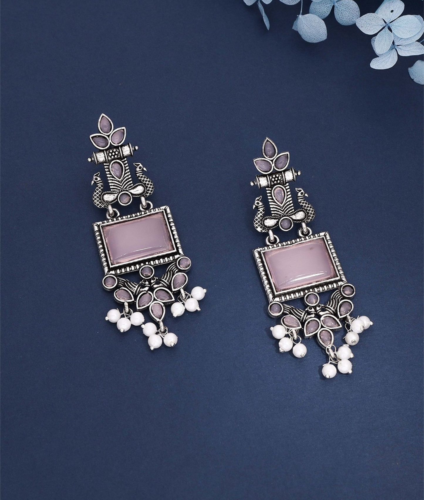 Oxidized Silver Long Earrings with Lavender Stones & Pearl Beads – Ethnic Statement Jewelry