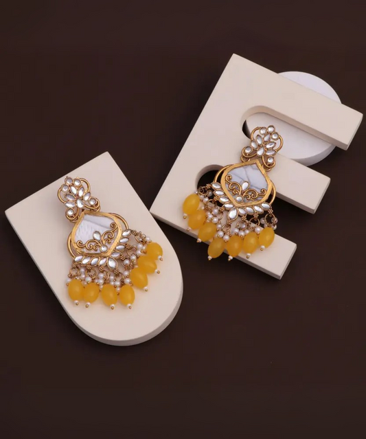 Luxury Yellow Kundan Beaded Drop Earrings for Traditional & Festive Wear