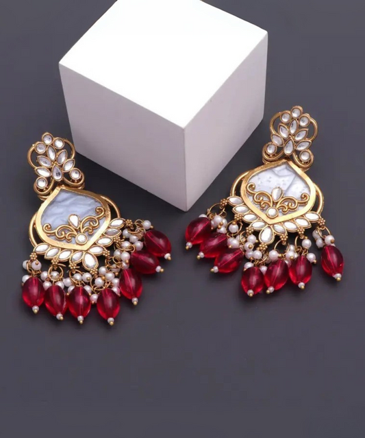 Luxury Red Kundan Beaded Drop Earrings for Traditional & Festive Wear
