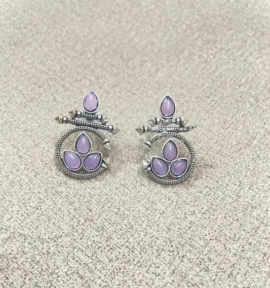 Oxidized Silver Earrings with Lavender Stone – Traditional Round Design