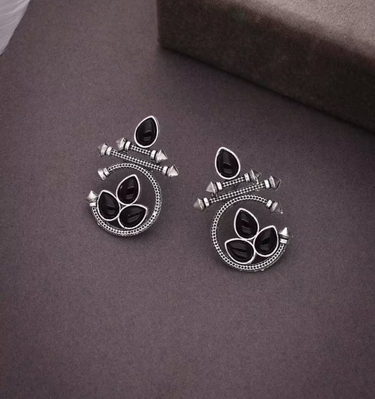 Oxidized Silver Earrings with Black Stone – Traditional Round Design