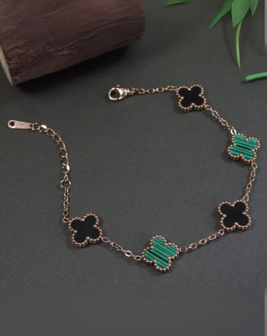 Gold Plated Black & Green Dual-Color Clover Charm Bracelet