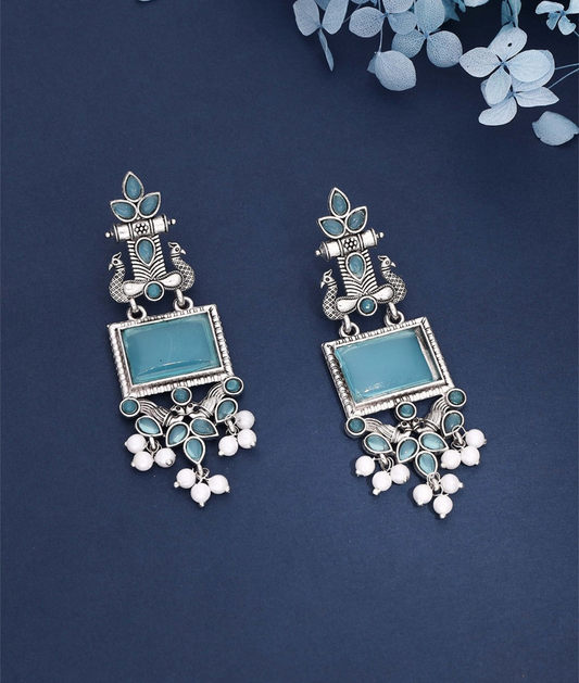 Oxidized Silver Long Earrings with Blue Stones & Pearl Beads – Ethnic Statement Jewelry