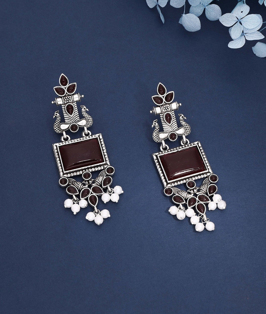 Oxidized Silver Long Earrings with Maroon Stones & Pearl Beads – Ethnic Statement Jewelry