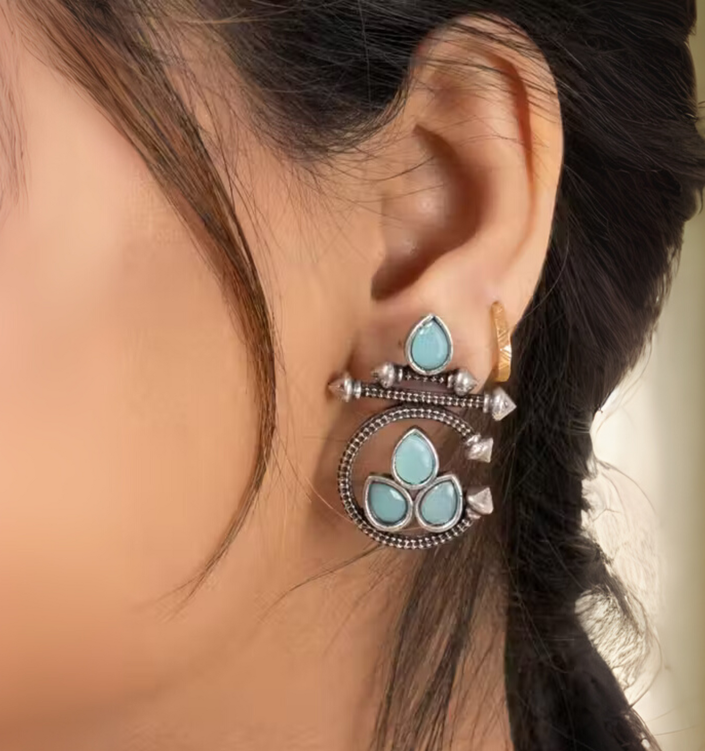 Oxidized Silver Earrings with Blue Stone – Traditional Round Design