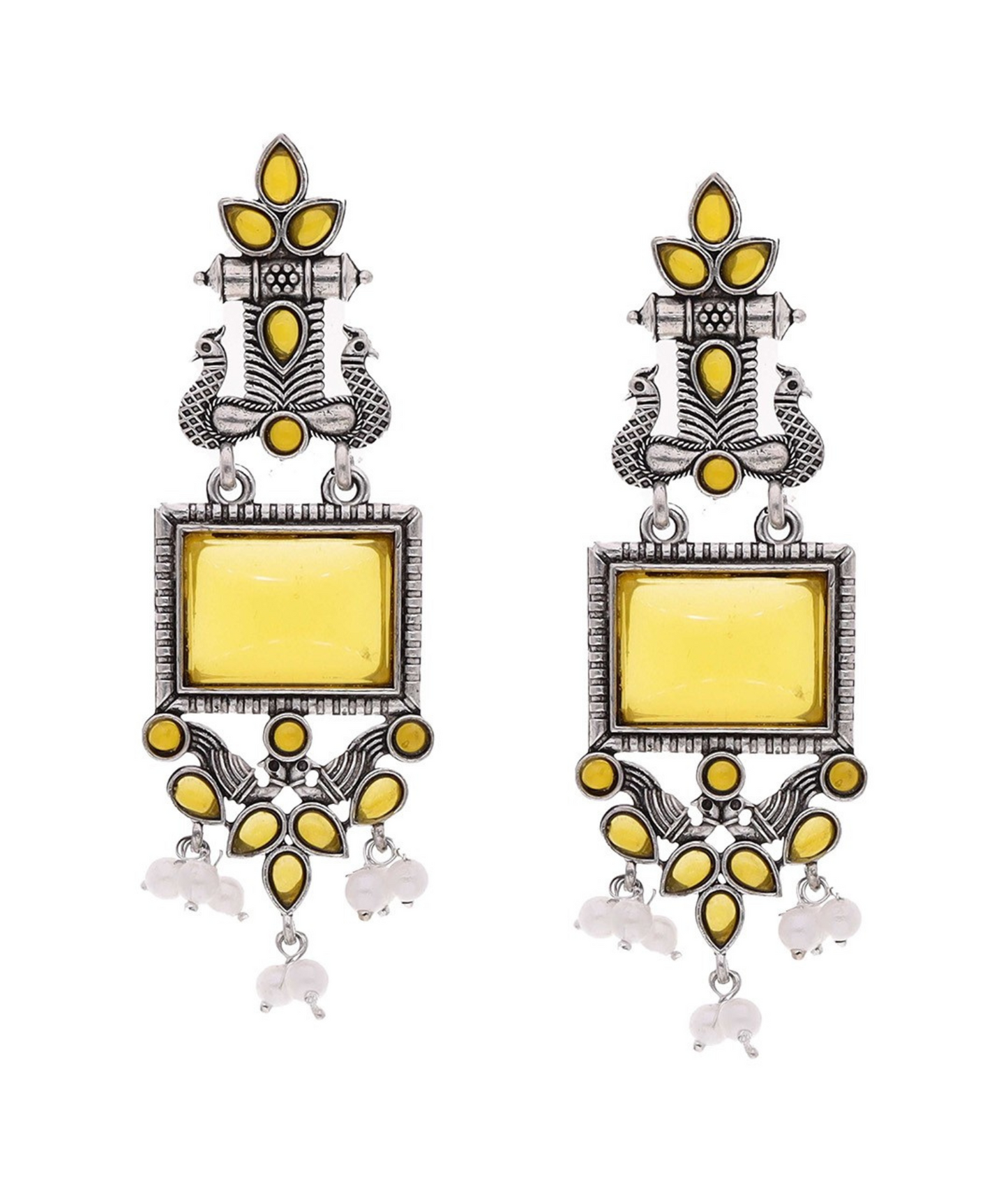 Oxidized Silver Long Earrings with Yellow Stones & Pearl Beads – Ethnic Statement Jewelry