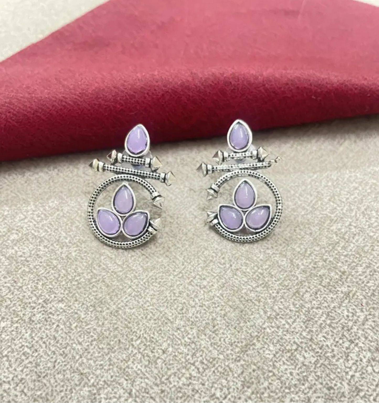 Oxidized Silver Earrings with Lavender Stone – Traditional Round Design