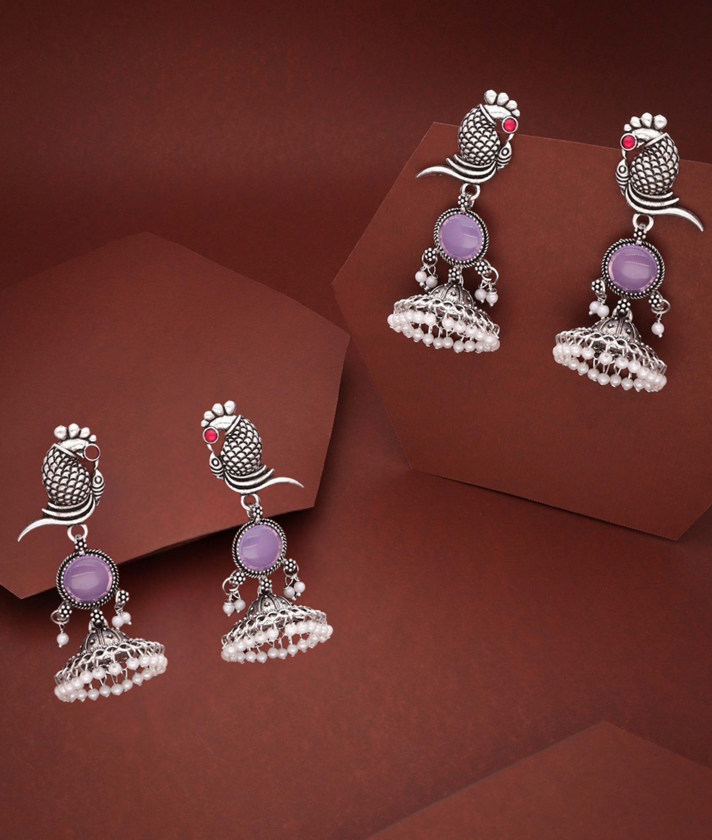 Oxidized Silver Peacock Jhumka Earrings with Purple Stone & Pearl Detailing