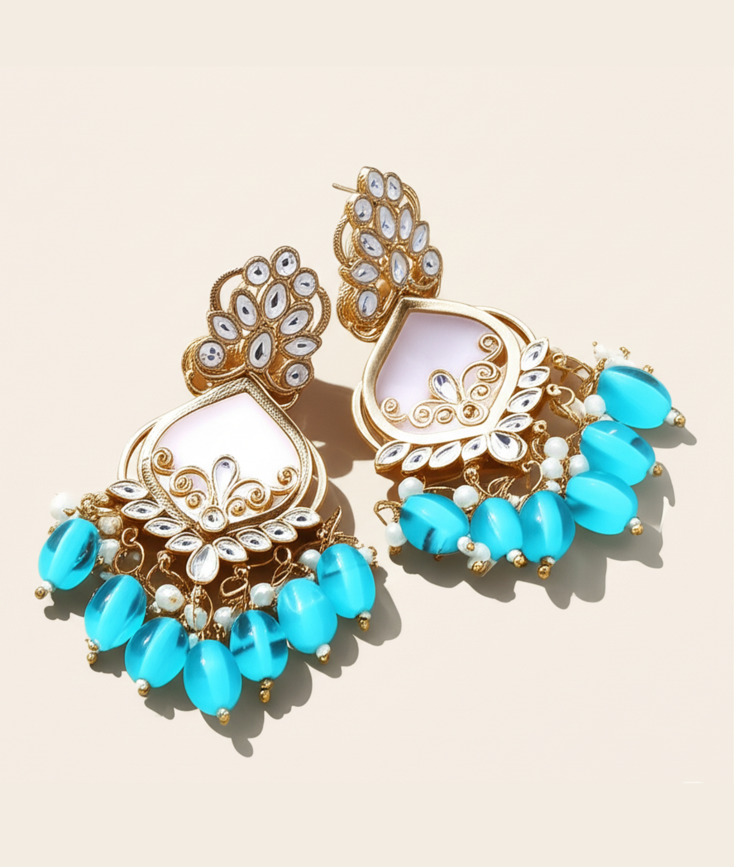 Luxury Blue Kundan Beaded Drop Earrings for Traditional & Festive Wear