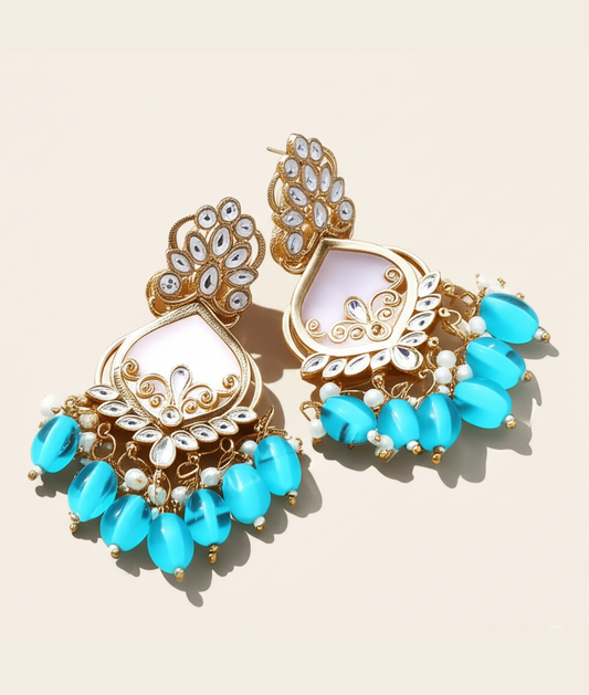Luxury Blue Kundan Beaded Drop Earrings for Traditional & Festive Wear