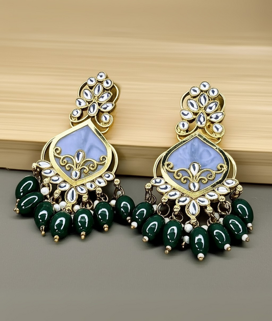 Luxury Green Kundan Beaded Drop Earrings for Traditional & Festive Wear