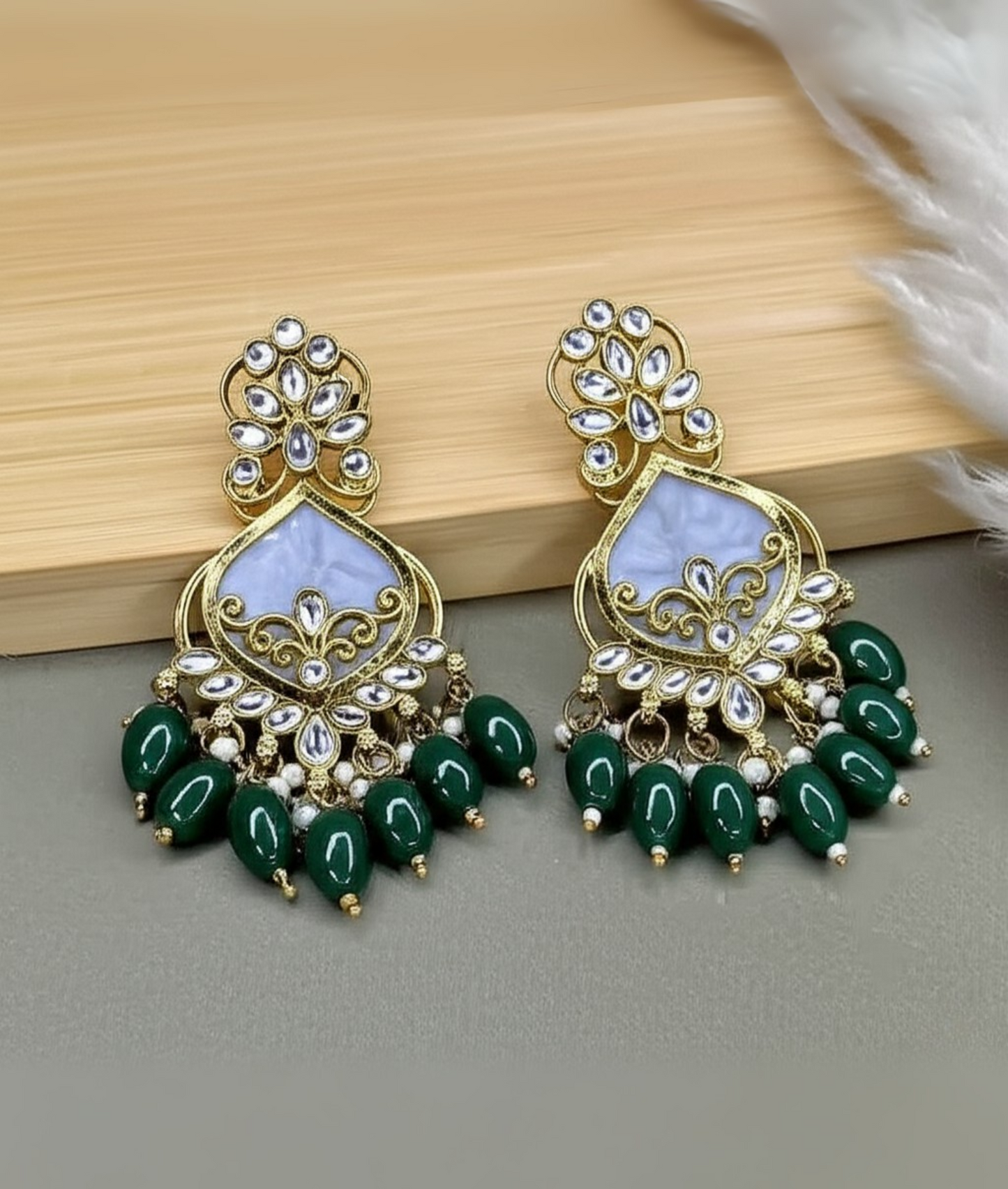 Luxury Green Kundan Beaded Drop Earrings for Traditional & Festive Wear
