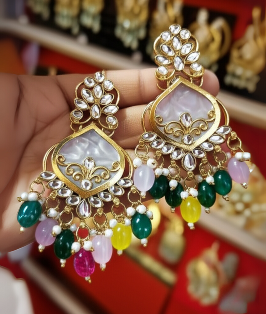 Luxury Multi color Kundan Beaded Drop Earrings for Traditional & Festive Wear