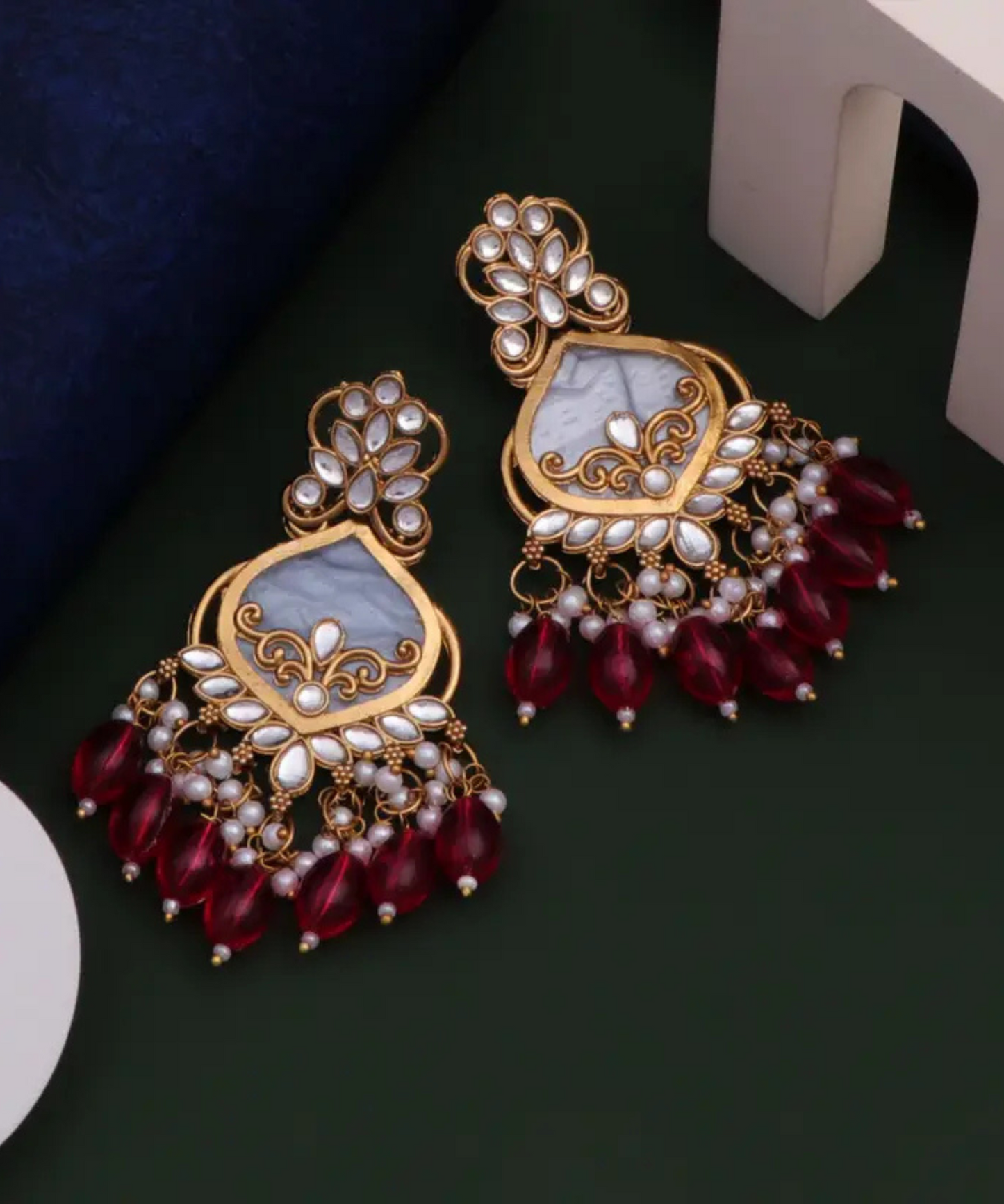Luxury Red Kundan Beaded Drop Earrings for Traditional & Festive Wear