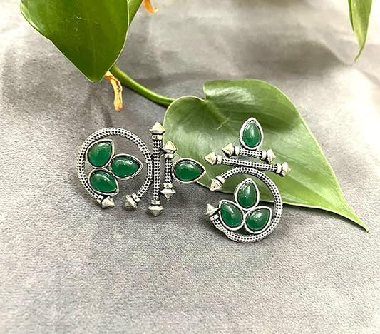 Oxidized Silver Earrings with Green Stone – Traditional Round Design