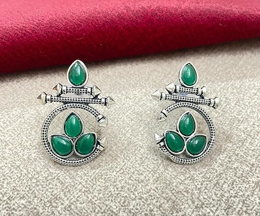Oxidized Silver Earrings with Green Stone – Traditional Round Design