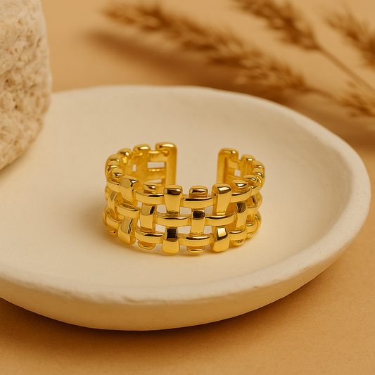 Designer Adjustable Ring – Bold Woven Look, Elegant Gold Finish