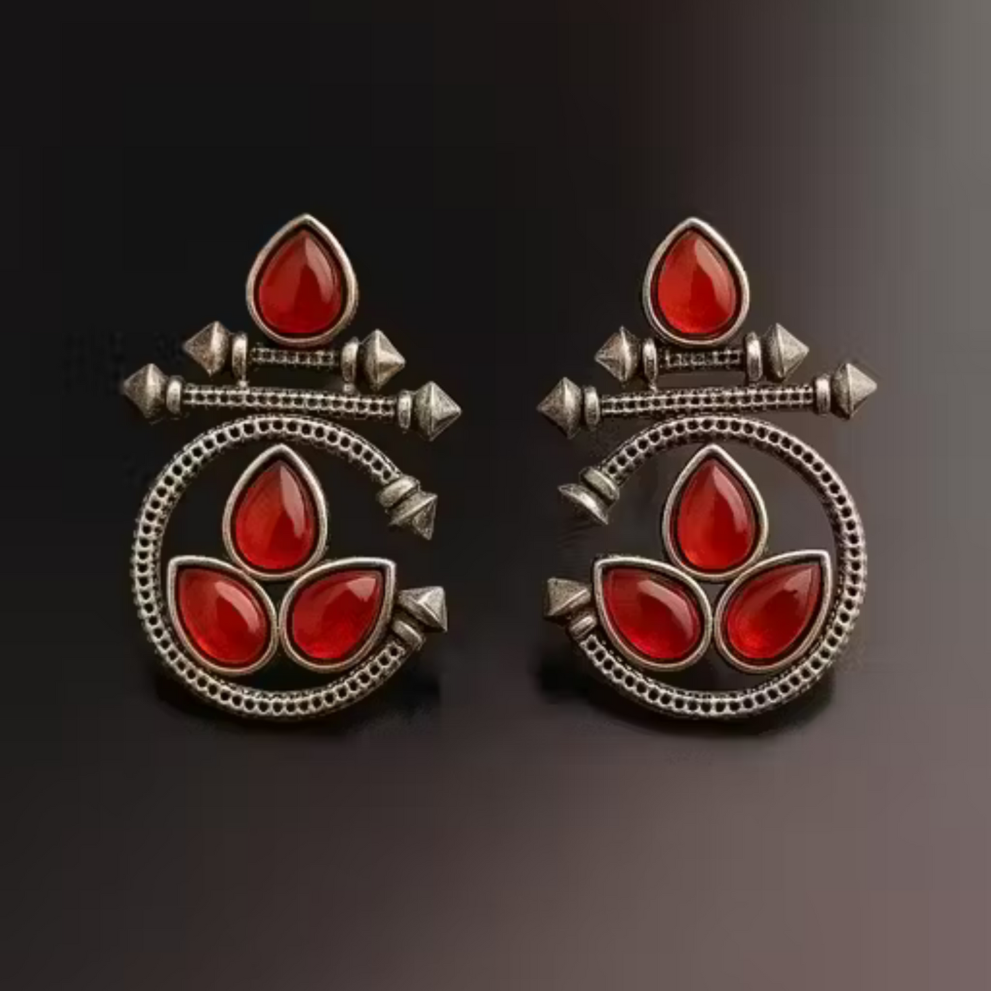 Oxidized Silver Earrings with Red Stone – Ethnic Round Design