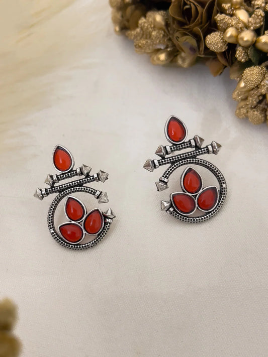 Oxidized Silver Earrings with Red Stone – Ethnic Round Design