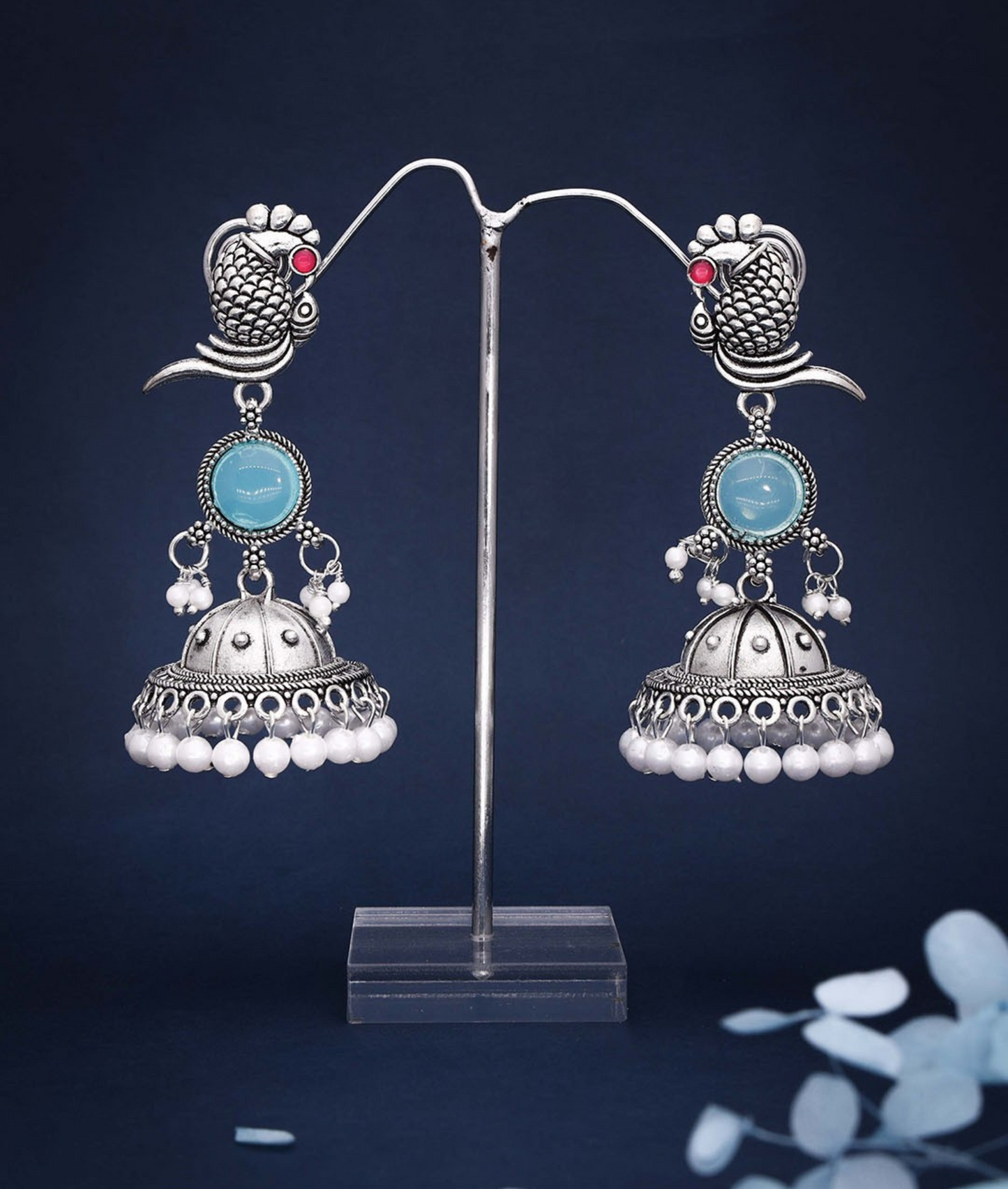 Oxidized Silver Peacock Jhumka Earrings with Blue Stone & Pearl Detailing