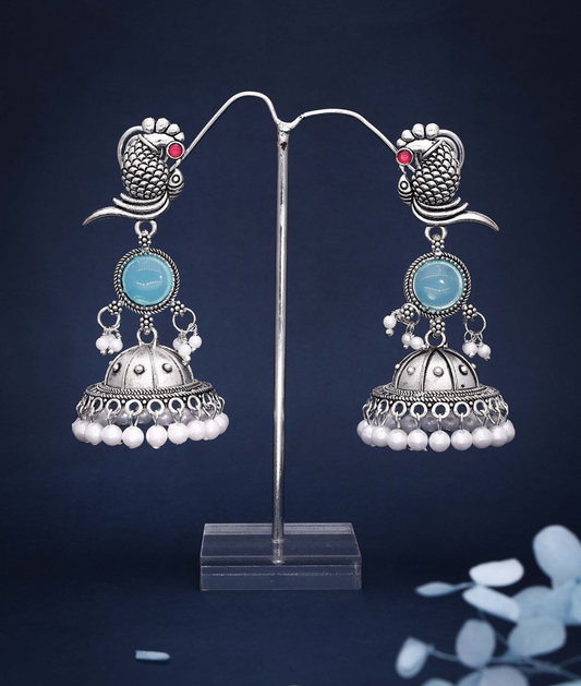 Oxidized Silver Peacock Jhumka Earrings with Blue Stone & Pearl Detailing