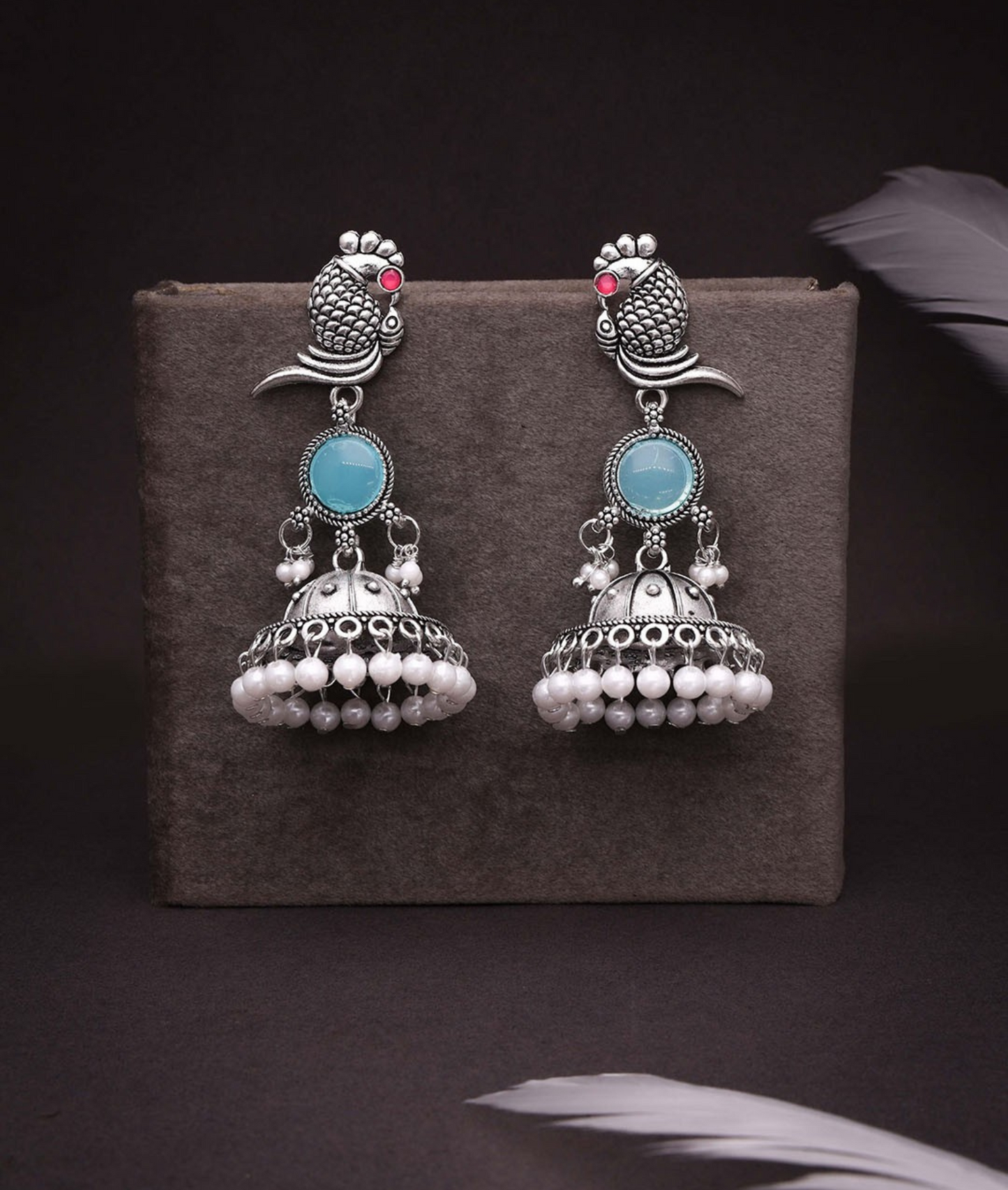 Oxidized Silver Peacock Jhumka Earrings with Blue Stone & Pearl Detailing