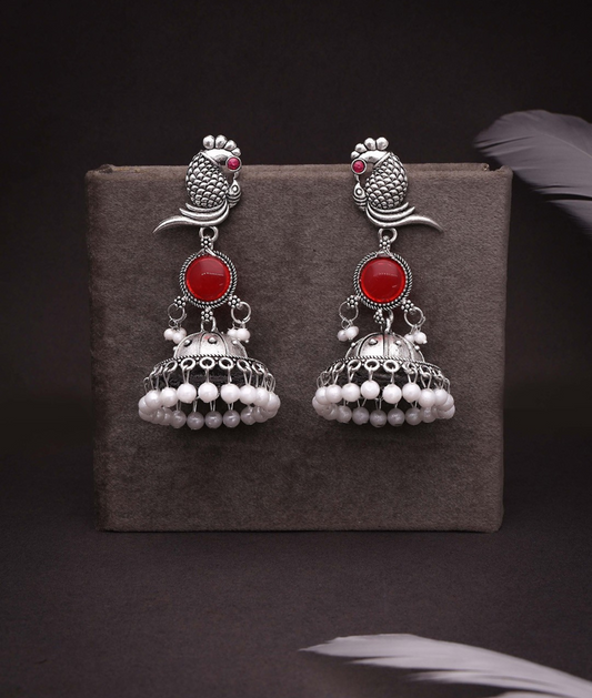 Oxidized Silver Peacock Jhumka Earrings with Red Stone & Pearl Detailing