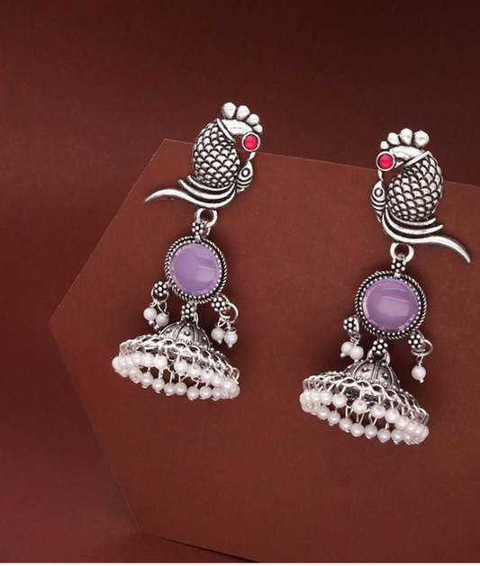 Oxidized Silver Peacock Jhumka Earrings with Purple Stone & Pearl Detailing