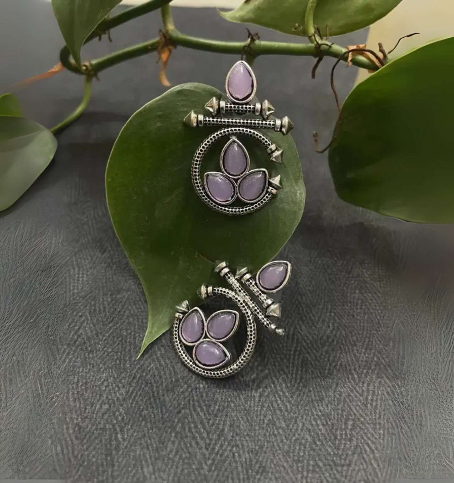 Oxidized Silver Earrings with Lavender Stone – Traditional Round Design