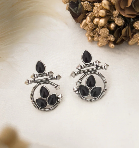 Oxidized Silver Earrings with Black Stone – Traditional Round Design