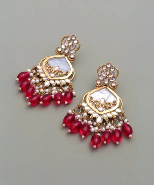 Luxury Red Kundan Beaded Drop Earrings for Traditional & Festive Wear