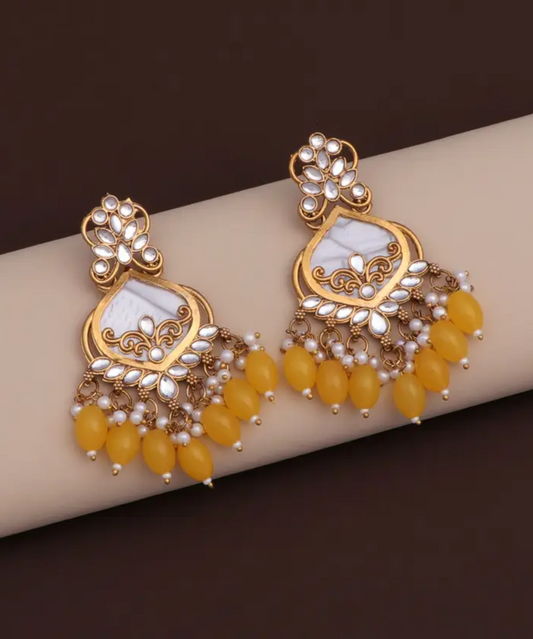 Luxury Yellow Kundan Beaded Drop Earrings for Traditional & Festive Wear