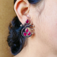 Oxidized Silver Earrings with Pink Stone – Traditional Round Design