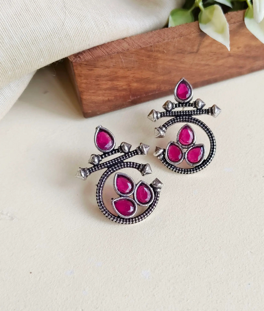 Oxidized Silver Earrings with Pink Stone – Traditional Round Design