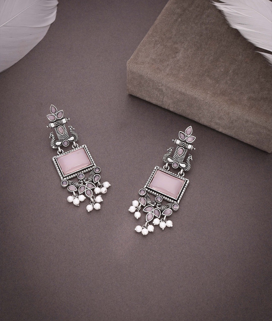 Oxidized Silver Long Earrings with Lavender Stones & Pearl Beads – Ethnic Statement Jewelry