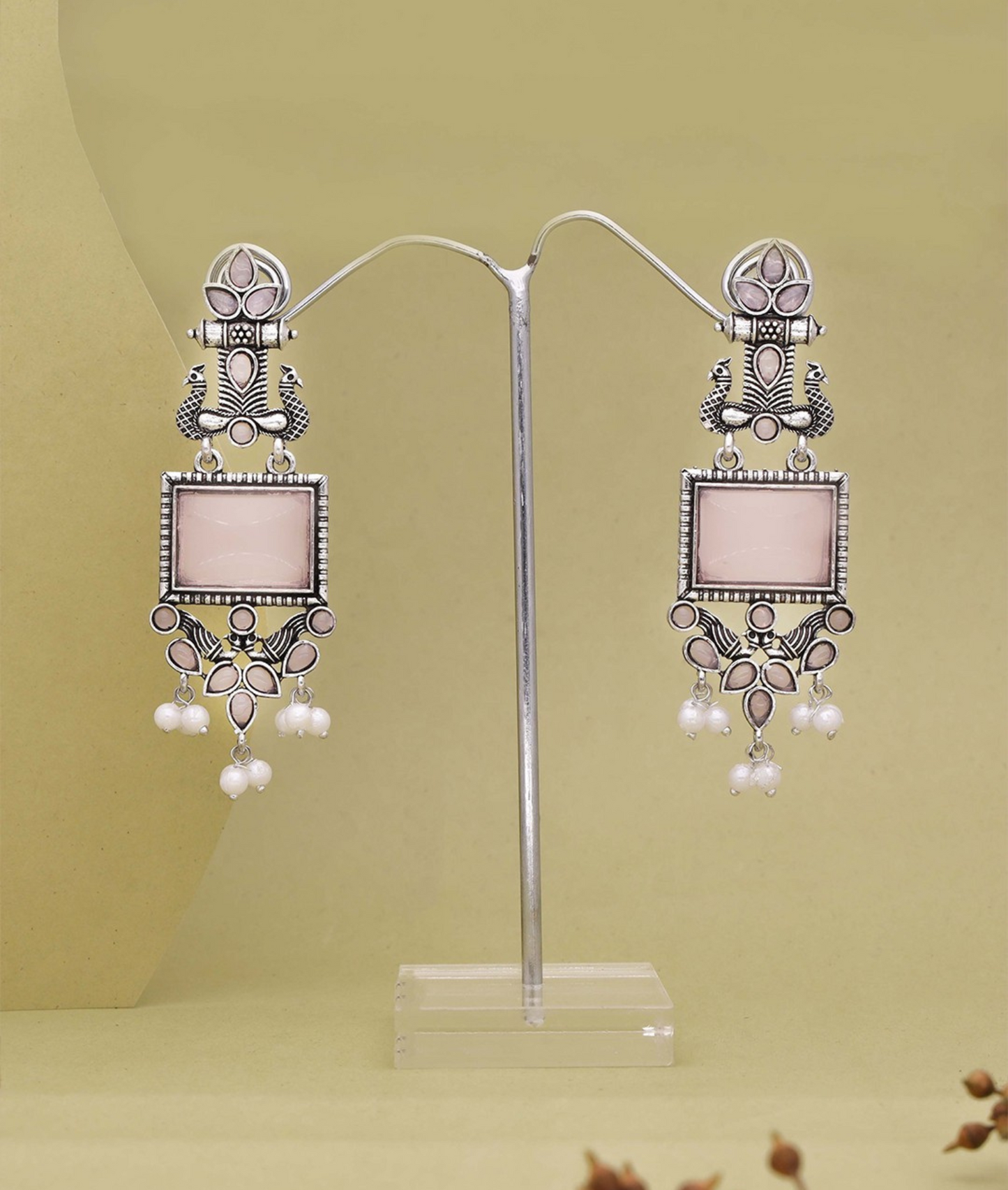 Oxidized Silver Long Earrings with Lavender Stones & Pearl Beads – Ethnic Statement Jewelry