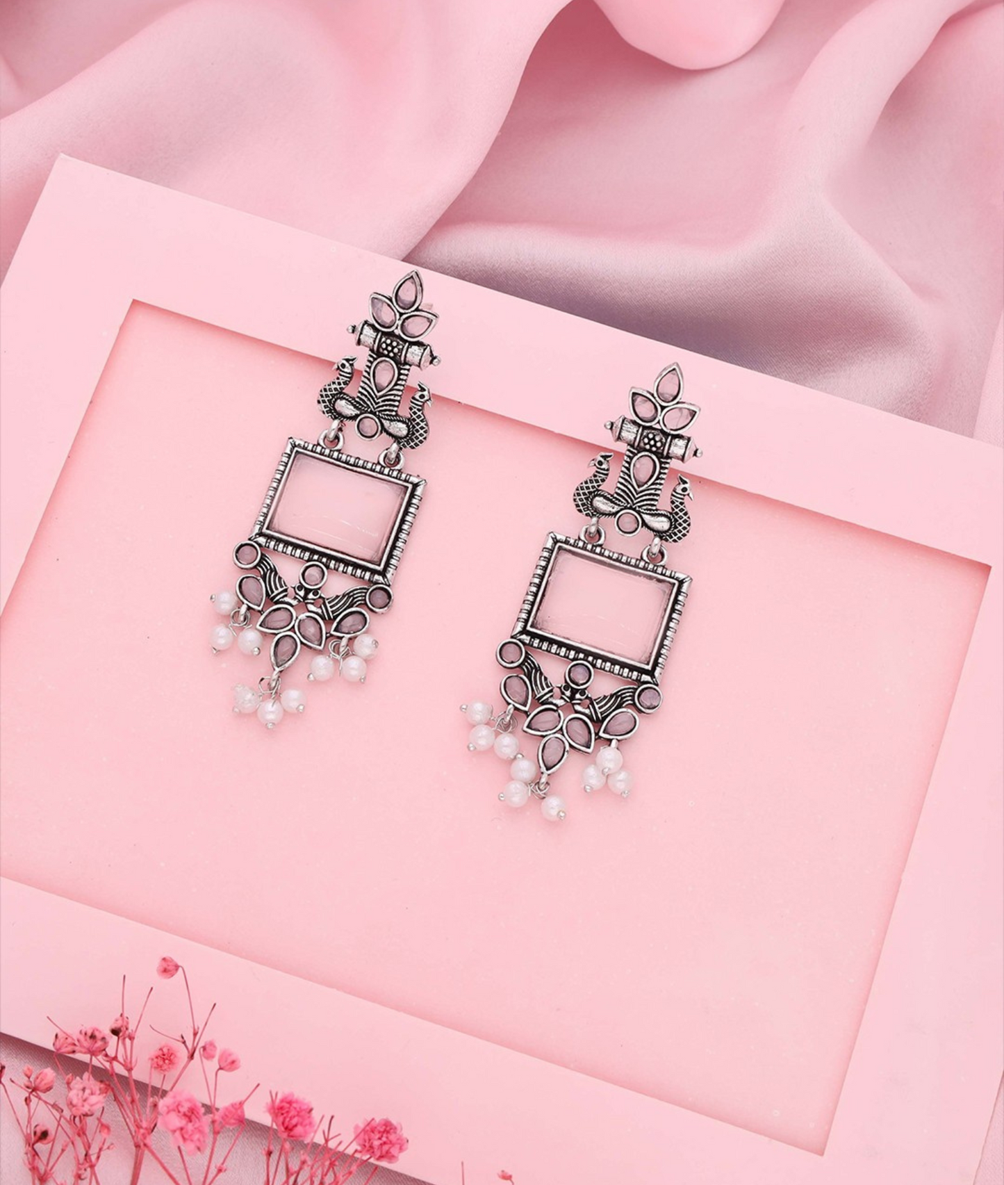 Oxidized Silver Long Earrings with Lavender Stones & Pearl Beads – Ethnic Statement Jewelry