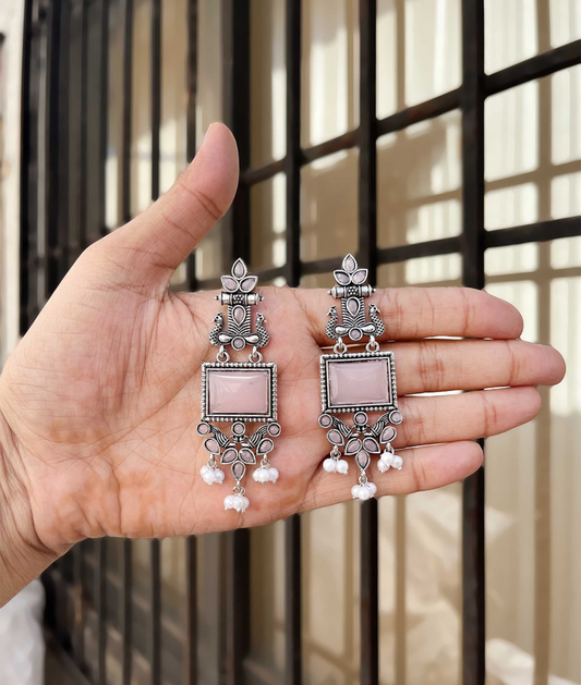 Oxidized Silver Long Earrings with Lavender Stones & Pearl Beads – Ethnic Statement Jewelry