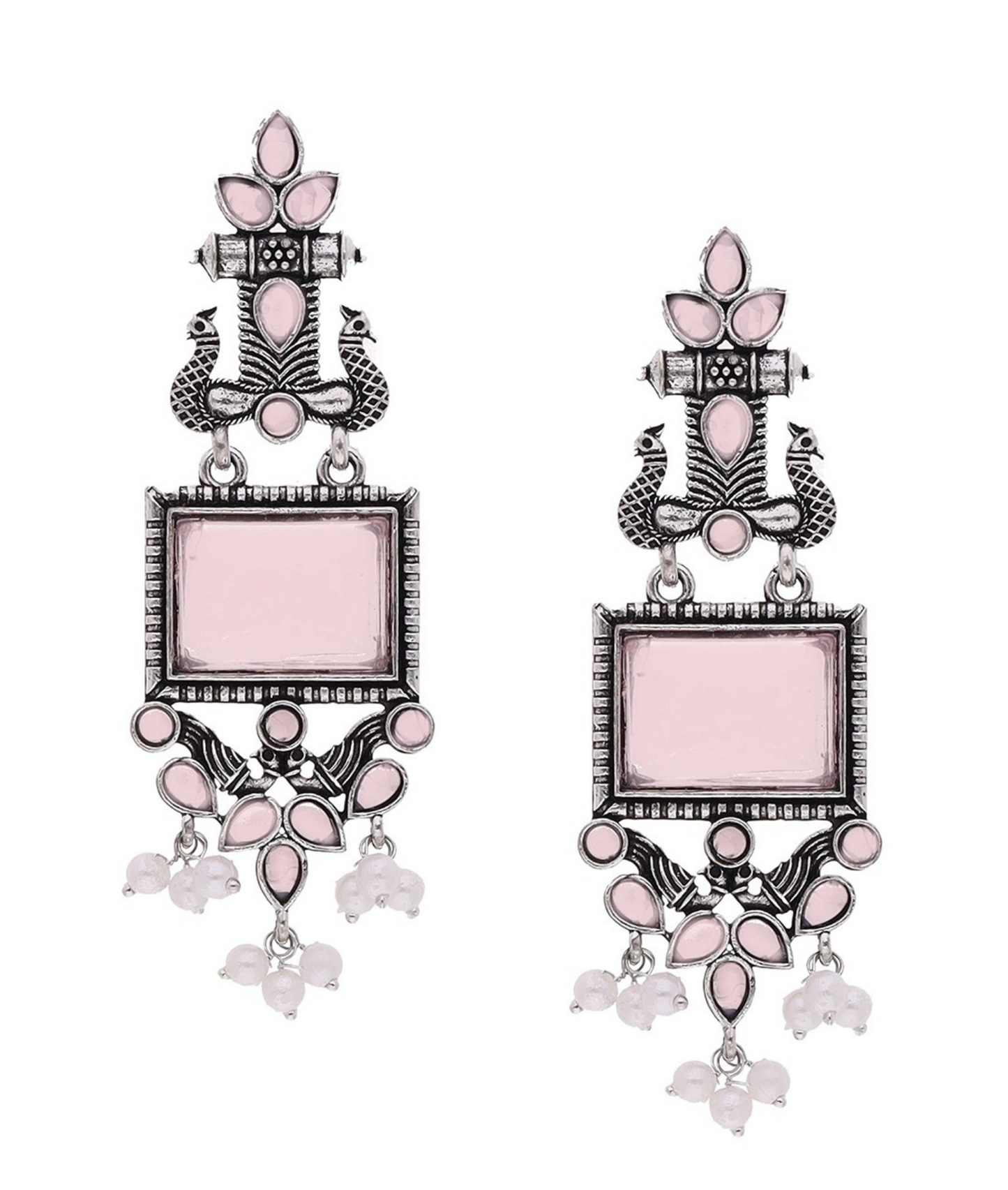 Oxidized Silver Long Earrings with Lavender Stones & Pearl Beads – Ethnic Statement Jewelry