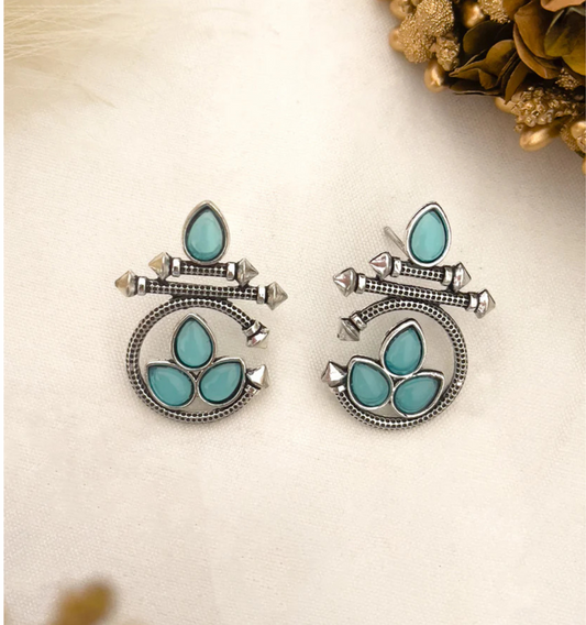 Oxidized Silver Earrings with Blue Stone – Traditional Round Design