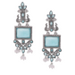 Oxidized Silver Long Earrings with Blue Stones & Pearl Beads – Ethnic Statement Jewelry
