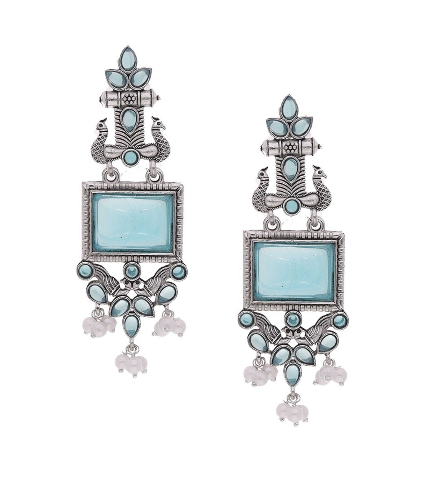 Oxidized Silver Long Earrings with Blue Stones & Pearl Beads – Ethnic Statement Jewelry