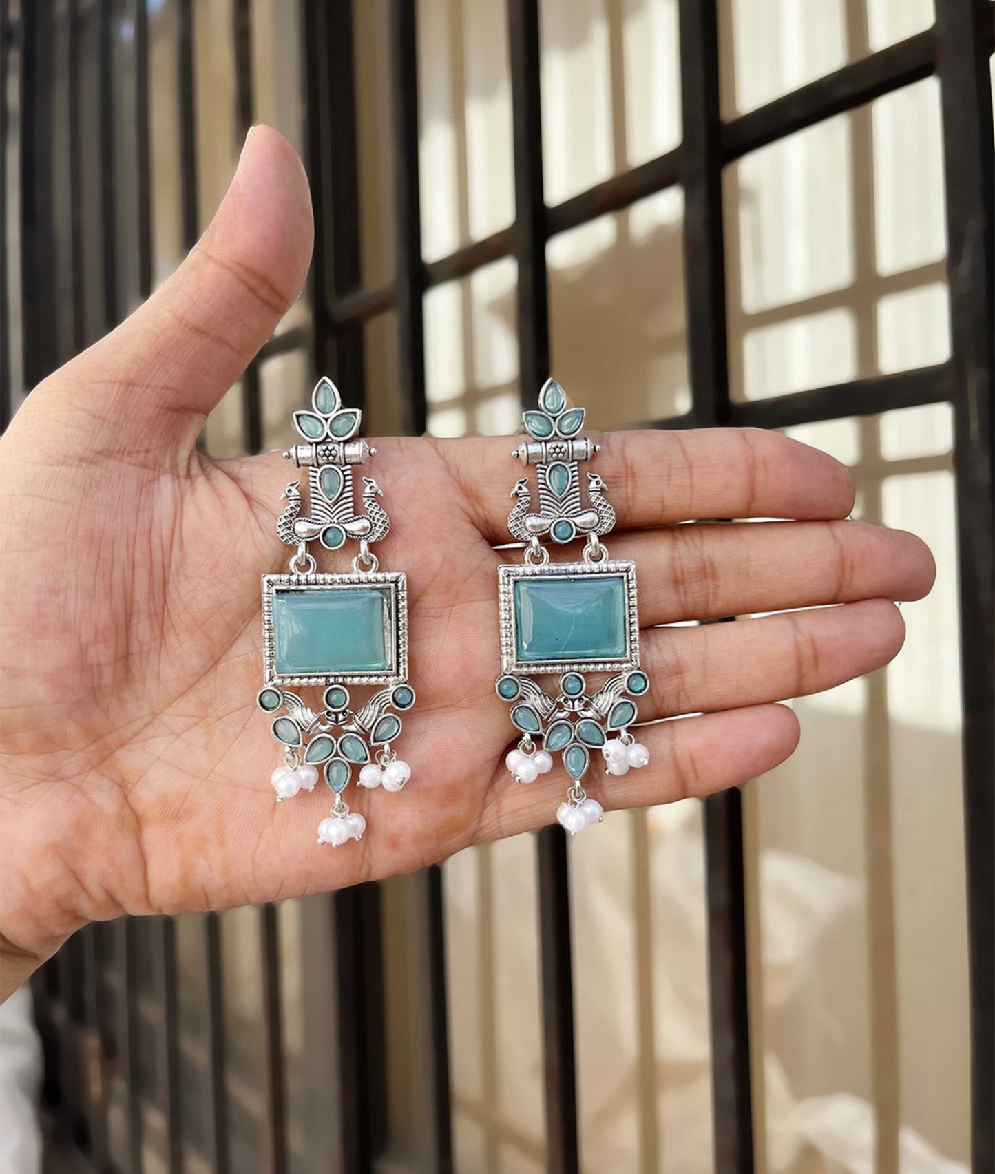 Oxidized Silver Long Earrings with Blue Stones & Pearl Beads – Ethnic Statement Jewelry