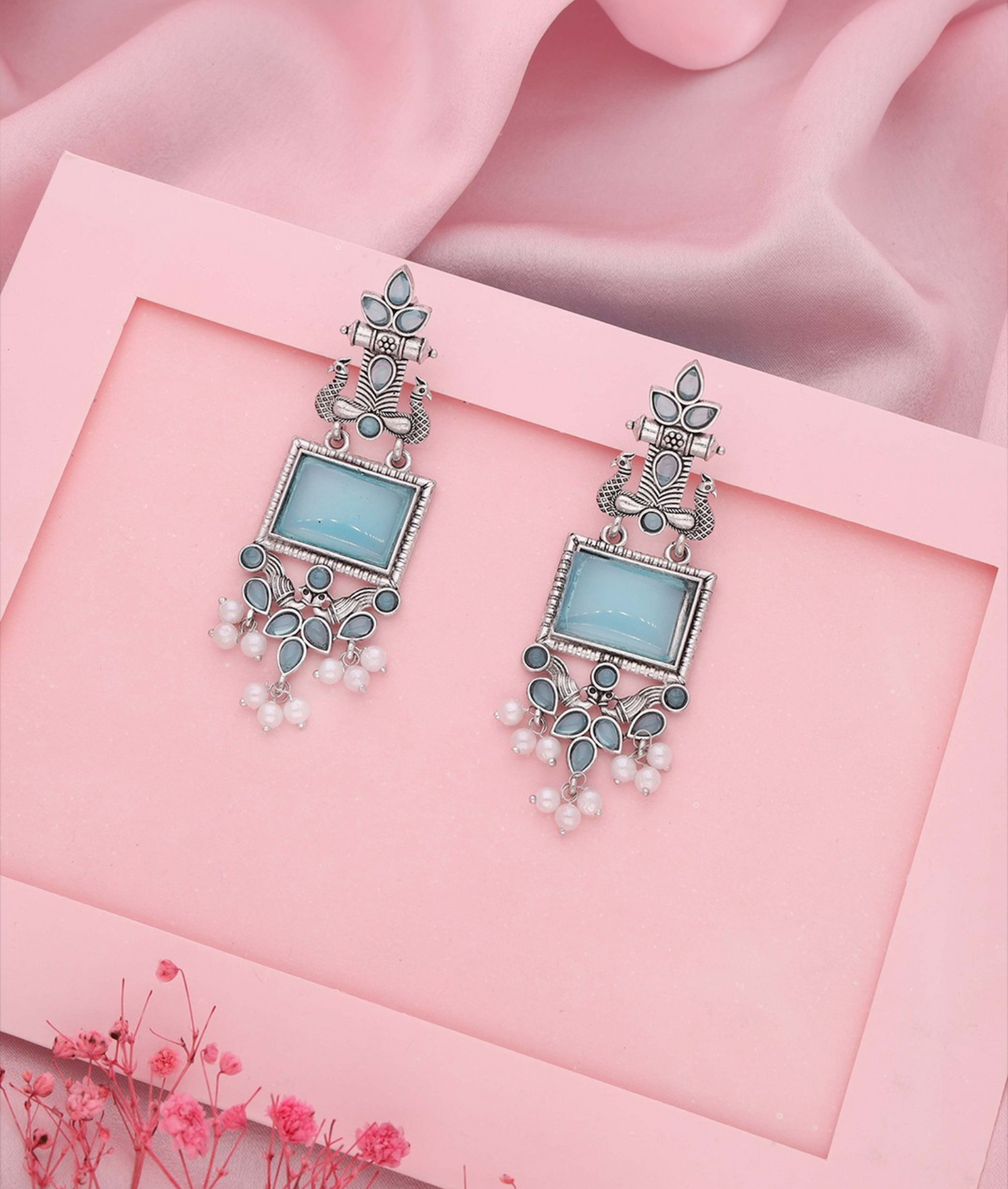 Oxidized Silver Long Earrings with Blue Stones & Pearl Beads – Ethnic Statement Jewelry