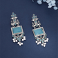 Oxidized Silver Long Earrings with Blue Stones & Pearl Beads – Ethnic Statement Jewelry