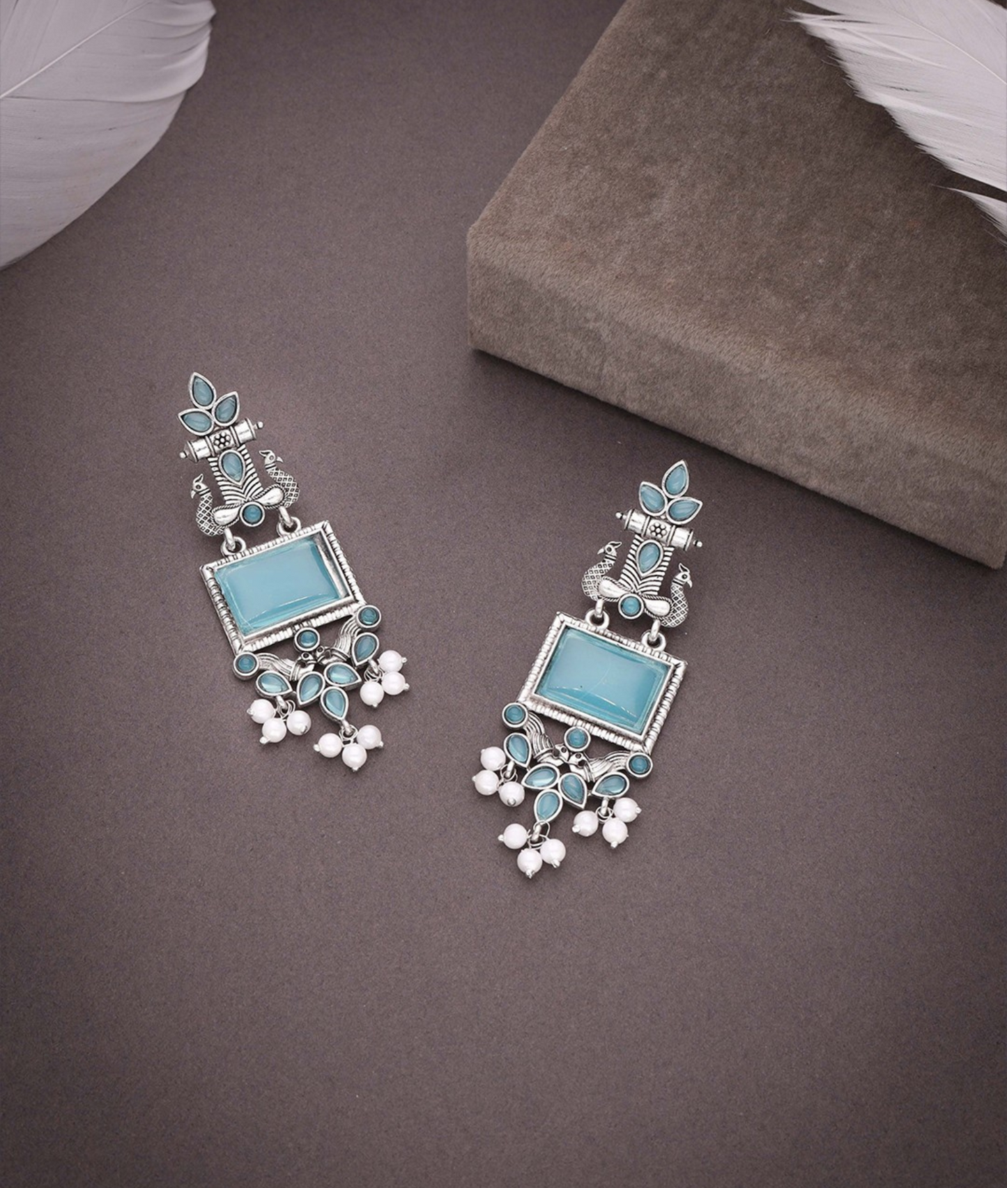 Oxidized Silver Long Earrings with Blue Stones & Pearl Beads – Ethnic Statement Jewelry