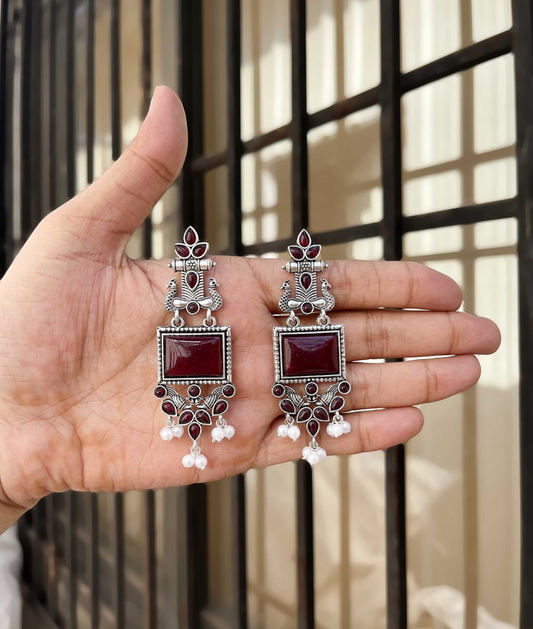 Oxidized Silver Long Earrings with Maroon Stones & Pearl Beads – Ethnic Statement Jewelry